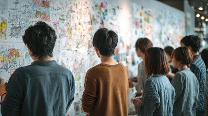 Obraz premium Art Appreciation Gathering: A diverse group of people stands before a vast, vibrant mural, engrossed in contemplation and discussion, fostering a sense of shared cultural experience.