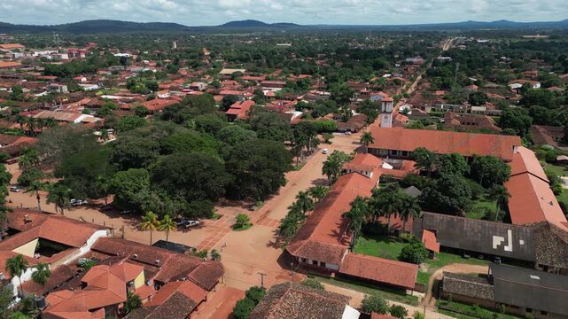 Flyover green trees in central plaza of San Ignacio de Velasco, Bolivia