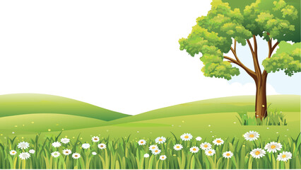 Green rolling hills with a leafy tree and white daisies © PUNNABEGUM