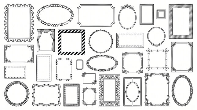 Set of Diverse Vertical Rectangular Frames and Decorative Border Outlines with Minimalist and Ornate Line Art Designs for Graphic Templates