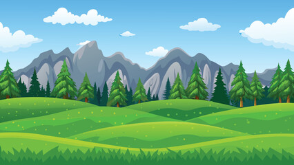 Mountain Landscape With Evergreen Trees And Blue Sky Illustration © PUNNABEGUM