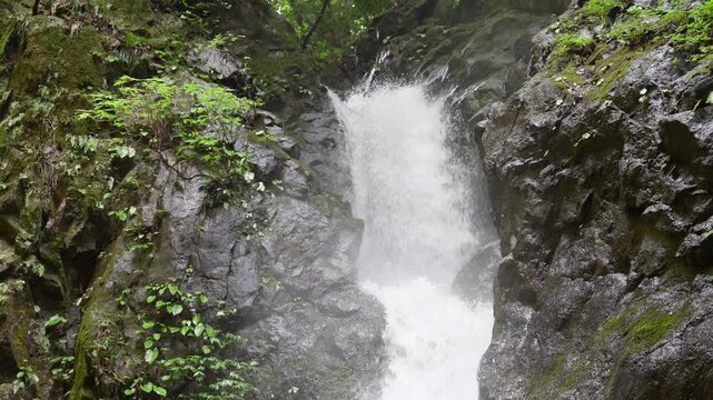 [音付き]岩肌を流れ落ちる滝　マイナスイオンなどの日本の自然のイメージ動画