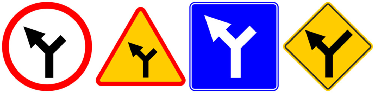 Traffic Road Sign Icons Set, Y-Junction and Angled Side Road Left Intersection Symbols Isolated
