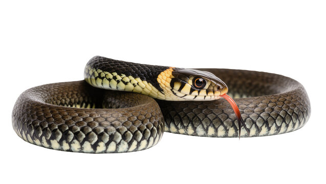 Grass snake with forked tongue flicking coiled body, detailed scales