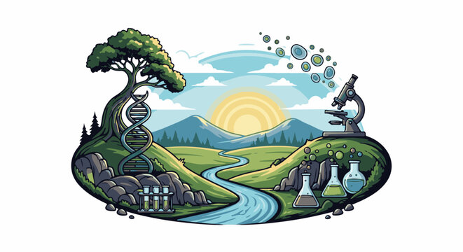A stylized landscape merging nature with scientific elements