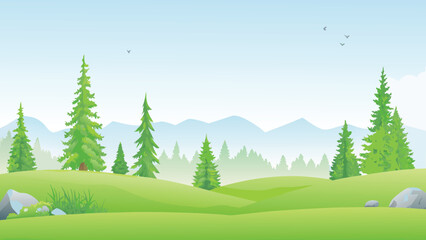 Fototapeta premium Forest landscape illustration with rolling hills and distant mountains