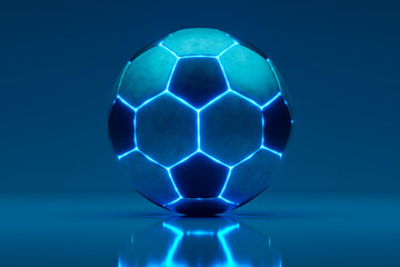 Naklejka premium 3d render futuristic soccer ball glowing with blue neon light
