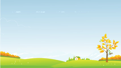 Rolling green hills with autumn tree and small village scene © PUNNABEGUM