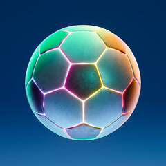 Naklejka premium 3d render Futuristic glowing soccer ball digital art floating on blue