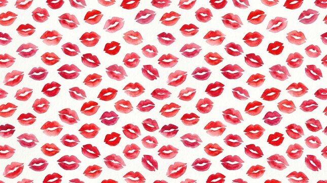 Red Watercolor Kissing Lips Seamless Pattern on White Background Romantic Love Beauty Design