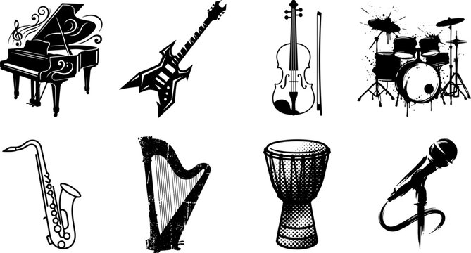 Artistic musical instruments vector icon set featuring grand piano electric guitar violin drum kit saxophone harp djembe and microphone.