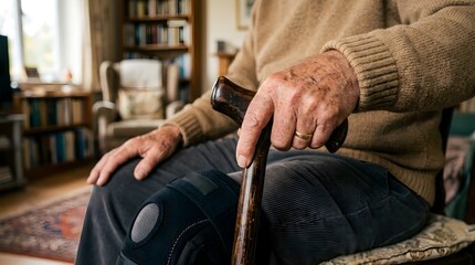 Obraz premium Elderly person with cane resting in a cozy home interior conveying calm dignity and resilience.