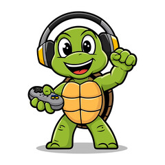 Obraz premium Cute turtle cartoon character playing video games with headphones.