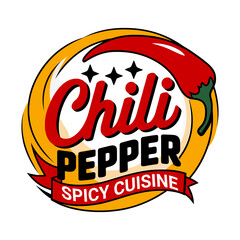Obraz premium Chili pepper spicy cuisine logo with red pepper illustration and text emblem.