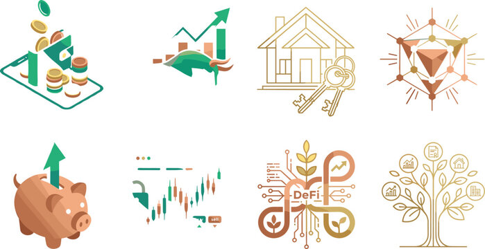 Cryptocurrency and decentralized finance DeFi icon set featuring investment bull market, real estate, piggy bank, and wealth growth vectors.
