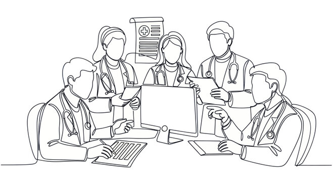 Medical professionals collaborating in a continuous line art drawing.