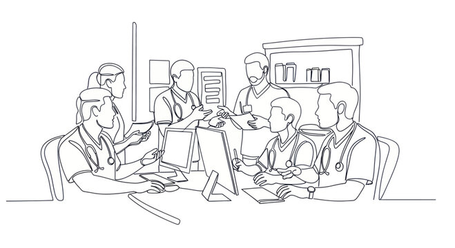 Medical professionals collaborating in a continuous line art drawing.