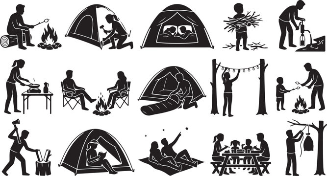 Set of camping icons, people enjoying outdoor activities, hiking, tent, bonfire, cooking, sleeping, vector illustration
