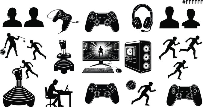 Video Game Controller, Headphones, Gamer Silhouettes and Computer Icons for Esports and Entertainment Ui Design