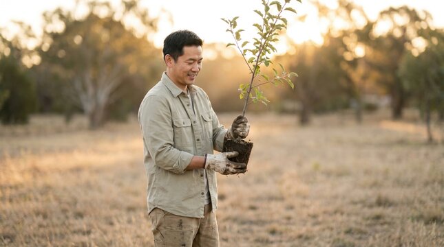 Man holding a young tree with roots, wearing work gloves and beige clothes, reforestation and nature care concept
