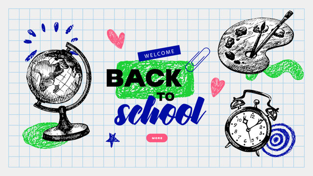 Back to school sketch collage banner. Education poster template with hand drawn accessories. Frame design. Vector vintage illustration