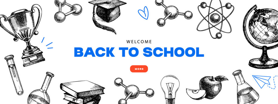 Back to school collage poster. Science, technology, engineering, mathematics. Hand drawn education background, frame design. Vector vintage illustration