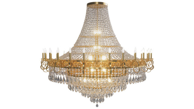 Grand ornate crystal chandelier with gold metal accents and candle lights
