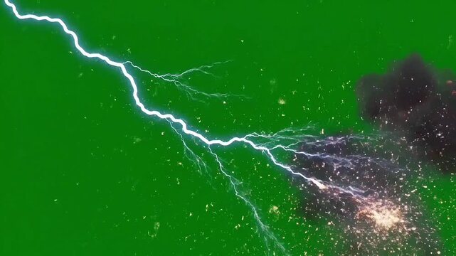 Intense lightning strike illuminates a dark, stormy sky with bright electrical energy.