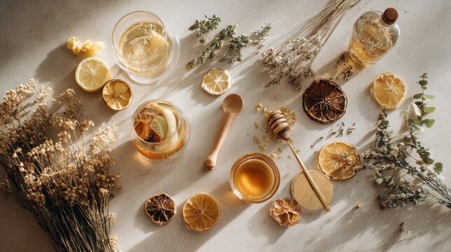 Cozy arrangement of dried citrus, herbs, honey for healthy beverages. Inviting flat lay featuring dried lemon slices, aromatic herbs, golden honey, perfect crafting soothing phyto teas healthy drinks