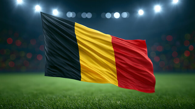 Belgium national flag waving in the center of football stadium pitch illuminated by bright floodlights at night