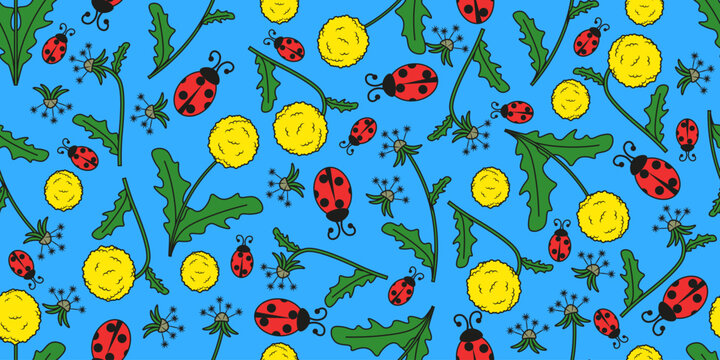 Summer Floral Background. Summer seamless pattern with dandelion ladybug and blowball Flowers isolated blue Background. Perfect bedroom living room wallpaper print Vector illustration EPS 10