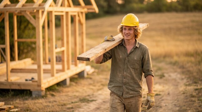 Construction worker carrying a wooden plank near a house frame, wearing a hard hat and gloves on a rural building site at sunset.