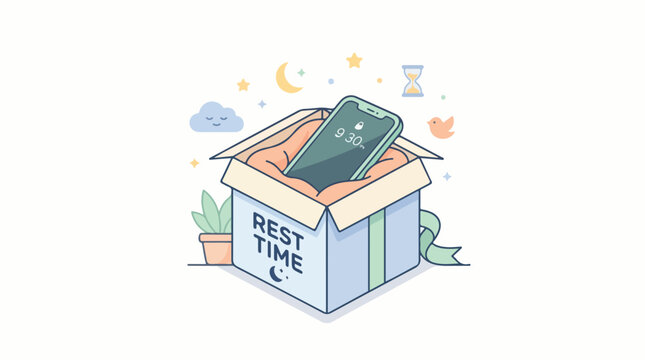 Digital detox concept vector illustration featuring a smartphone inside a rest time box with moon stars and hourglass symbols for healthy lifestyle and sleep