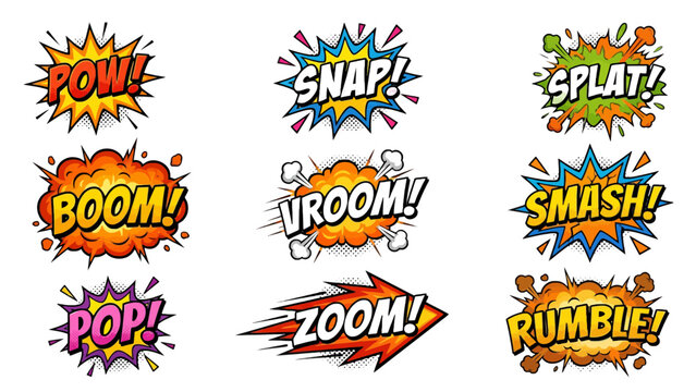 Vibrant comic book sound effect vector graphic set featuring dynamic speech bubbles with explosive typography and colorful halftone dot patterns
