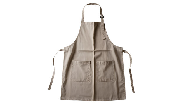 Tan cotton apron with two front pockets and adjustable neck strap