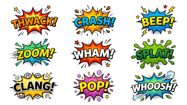 Vibrant collection of colorful comic book speech bubbles featuring energetic sound effect typography in a high quality vector graphic illustration