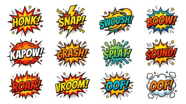 Colorful collection of comic book style vector sound effect speech bubbles featuring explosive typography and bright dynamic graphic design elements