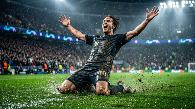 Soccer player celebrating a goal sliding on knees on wet grass at stadium during championship match