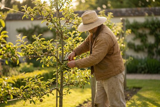 Gardener pruning fruit tree in orchard, wearing straw hat and jacket, surrounded by green foliage and warm sunlight