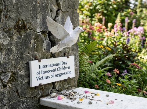 International Day of Innocent Children Victims of Aggression, dove on stone wall with flowers