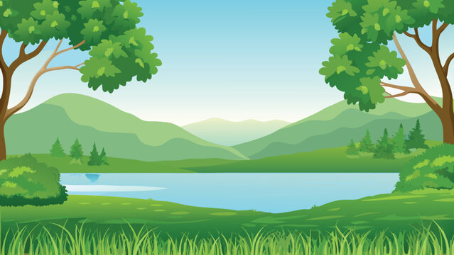 Scenic Landscape With Trees Mountains And Lake Vector Illustration