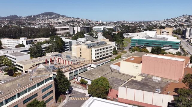 A drone view showcases the layout of San Francisco State University, revealing campus buildings, pedestrian pathways, and educational infrastructure within San Francisco&rsquo;s diverse landscape