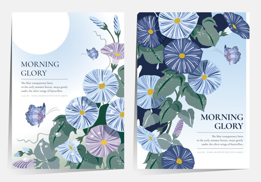 Summer Morning Glory Vector Illustration Template Set, Cool and Refreshing Floral Background
