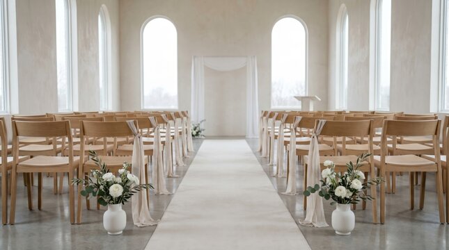 Wedding ceremony hall with aisle, wooden chair, floral arrangement and bright minimalist interior