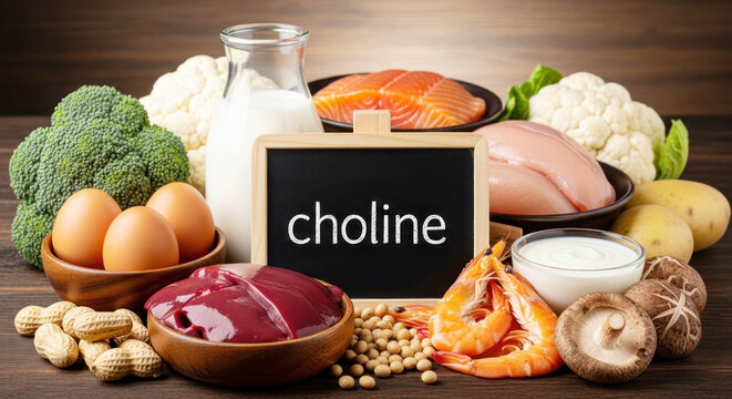 Assorted foods rich in choline including eggs, liver, shrimp, broccoli, and dairy products arranged on a wooden table