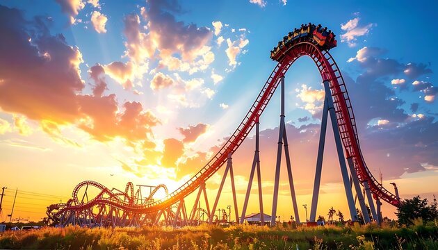 A vibrant sunset behind a thrilling roller coaster