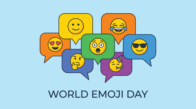 Joyful emojis expressing emotions and ideas in colorful speech bubbles