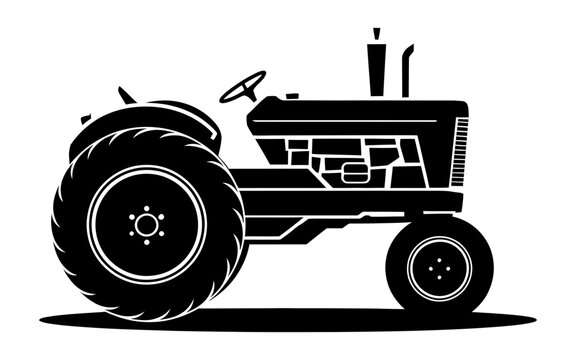 Classic farm tractor side view black and white vintage style vector illustration.