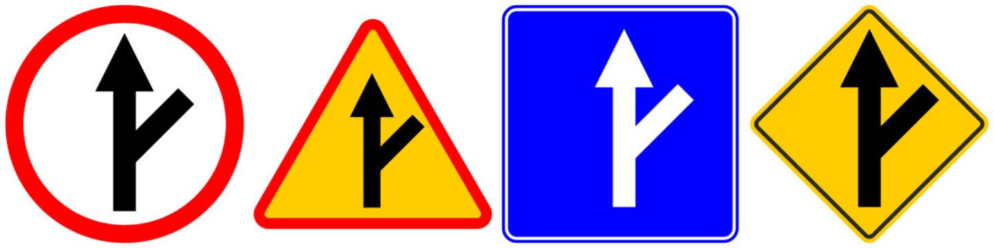 Traffic Road Sign Icons Set, Y-Junction and Angled Side Road Right Intersection Symbols Isolated
