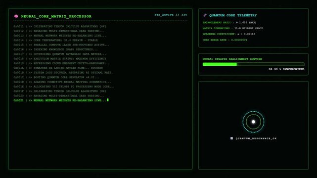 Futuristic Quantum Computer Neural Network Interface Screen.